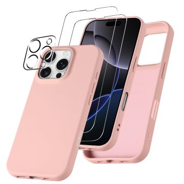 Hoesje Geschikt voor iPhone 16 Pro – Zacht siliconen liquid backcover met 2x screenprotectors gehard glas en 1x lens protector – Zand