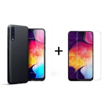 Ntech Hoesje Silicone Hoesje Flexible & Scratch Resistent TPU Case Samsung Galaxy A50 - Zwart + Glazen Screenprotector