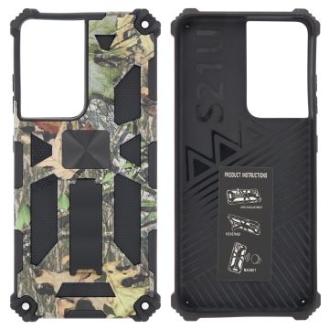 Samsung Galaxy S21 Ultra Hoesje - Rugged Extreme Backcover Blaadjes Camouflage met Kickstand - Groen