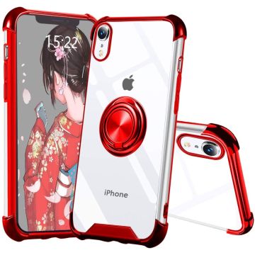 Hoesje Geschikt voor iPhone X hoesje silicone met ringhouder Back Cover case - Transparant/Rood