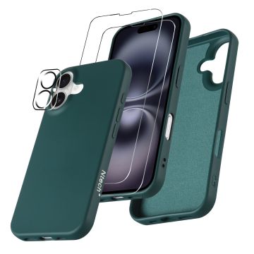Hoesje Geschikt voor iPhone 16 Plus – Zacht siliconen liquid backcover met 2x screenprotectors gehard glas en 1x lens protector – Pine Groen
