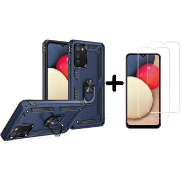 Samsung A02s Hoesje kickstand Armor met Ring houder TPU backcover hoesje - Blauw met Galaxy A02S screenprotector 2 pack