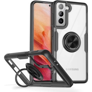 Samsung S21 hoesje - Luxe carbon TPU Backcover - Samsung Galaxy S21 met Ring houder / Ring vinger houder / standaard - Zwart