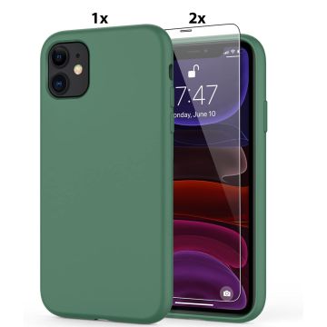 Hoesje Geschikt voor iPhone 11 Hoesje Soft Nano Silicone Backcover Gel Donkergroen Met 2x Glazen screenprotector