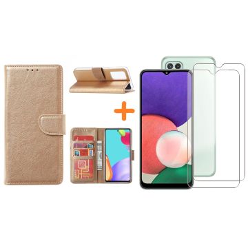 Samsung A22 5G hoesje bookcase Goud - Samsung Galaxy A22 5G hoesje portemonnee boek case - A22 book case hoes cover - Galaxyt A22 5G screenprotector / 2X tempered glass