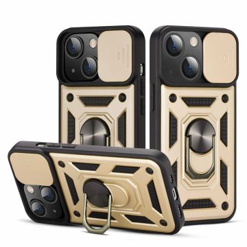 Hoesje Geschikt voor iPhone 13 Hoesje met Camera Bescherming Goud - Hoesje Geschikt voor iPhone 13 met ring houder Rugged Armor Back Cover - Case - Camera Schuif