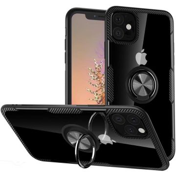 Hoesje Geschikt voor iPhone 11 Luxe Back Hoesje Metale Ring houder - Zwart