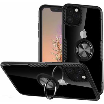 Hoesje Geschikt voor iPhone 11 Pro Luxe Back Hoesje Metale Ring houder - Zwart