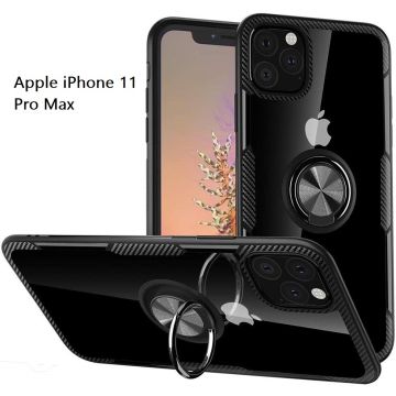 Hoesje Geschikt voor iPhone 11 Pro Max Luxe Back Hoesje Metale Ring houder - Zwart