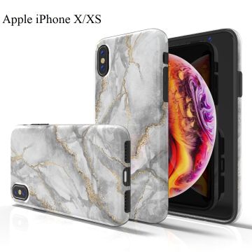 Hoesje Geschikt voor iPhone X/XS Marmor Design Back Cover Hoesje - Grijs & Goud