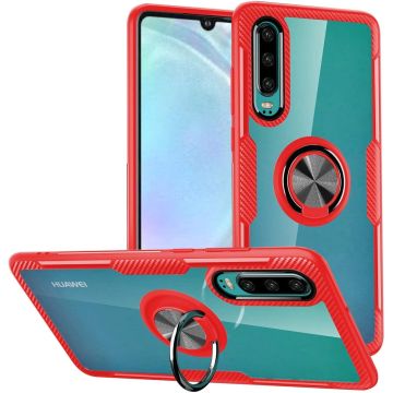 Huawei P30 Lite / P30 Lite New Edition hoesje Luex Carbon Fiber Ring houder Armor - Rood