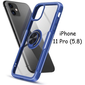 Hoesje Geschikt voor iPhone 11 Pro Luxe Back Hoesje Metalen Ring houder - Donker Blauw