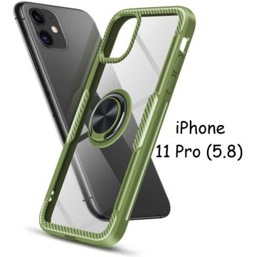 Hoesje Geschikt voor iPhone 11 Pro Luxe Back Hoesje Metalen Ring houder - Groen