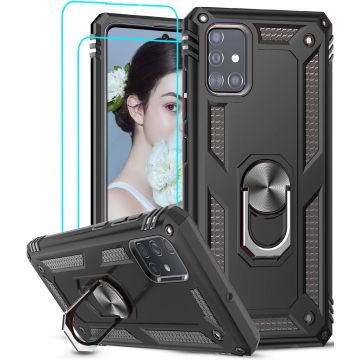 Samsung Galaxy A51 Armor Ring hoesje & 2x Glazen tempered - Zwart