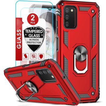 Samsung A03 Hoesje Anti-Shock Hybrid Armor hoesje Rood - Samsung Galaxy A03 kickstand Ring houder TPU backcover hoesje - met screenprotector Galaxy A03 - 2 pack