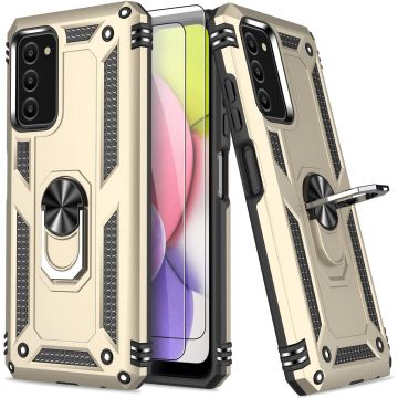 Samsung A03 Hoesje Anti-Shock Hybrid Armor hoesje Goud - Samsung Galaxy A03 kickstand Ring houder TPU backcover hoesje - met screenprotector Galaxy A03 - 2 pack