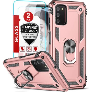 Samsung A03 Hoesje Anti-Shock Hybrid Armor hoesje Rose Goud - Samsung Galaxy A03 kickstand Ring houder TPU backcover hoesje - met screenprotector Galaxy A03 - 2 pack