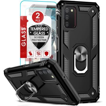 Samsung A03 Hoesje Anti-Shock Hybrid Armor hoesje Zwart - Samsung Galaxy A03 kickstand Ring houder TPU backcover hoesje - met screenprotector Galaxy A03 - 2 pack