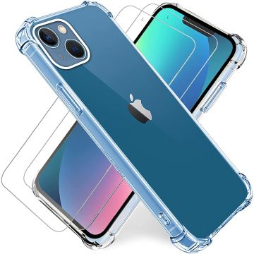 Hoesje Geschikt voor iPhone 14 Hoesje transparant Anti Shock silicone hoesje - Hoesje Geschikt voor iPhone 14 hoesje silicone Backcover hoesje - Hoesje Geschikt voor iPhone 14 screenprotector Glazen 2 pack