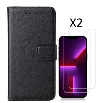 Hoesje Geschikt voor iPhone 14 Pro – bookcase met 2 stuks screenprotector tempered glass – Zwart