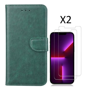 Hoesje Geschikt voor iPhone 14 Pro – bookcase met 2 stuks screenprotector tempered glass – Groen