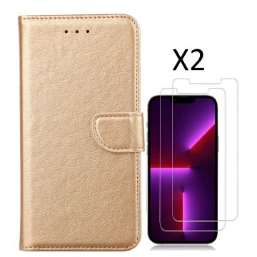 Hoesje Geschikt voor iPhone 14 Pro – bookcase met 2 stuks screenprotector tempered glass – Goud