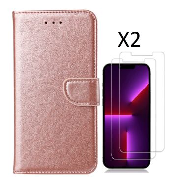 Hoesje Geschikt voor iPhone 14 Pro – bookcase met 2 stuks screenprotector tempered glass – Rosegoud