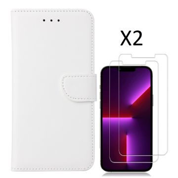 Hoesje Geschikt voor iPhone 14 Pro Max – bookcase met 2 stuks screenprotector tempered glass – Wit