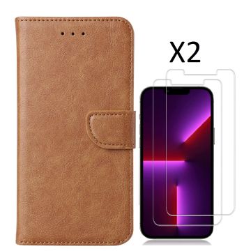 Hoesje Geschikt voor iPhone 14 Pro Max – bookcase met 2 stuks screenprotector tempered glass – Bruin