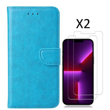 Hoesje Geschikt voor iPhone 14 bookcase met 2 stuks screenprotector tempered glass – Blauw