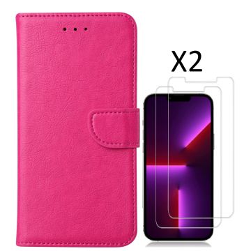 Hoesje Geschikt voor iPhone 14 bookcase met 2 stuks screenprotector tempered glass – Roze