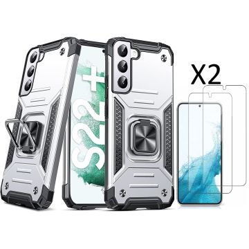 Samsung S22 Plus Hoesje Heavy Duty Armor Hoesje Zliver - Galaxy S22 Plus hoesje Kickstand Ring cover met Magnetisch Auto Mount - Samsung S22 Plus screenprotector 2 pack