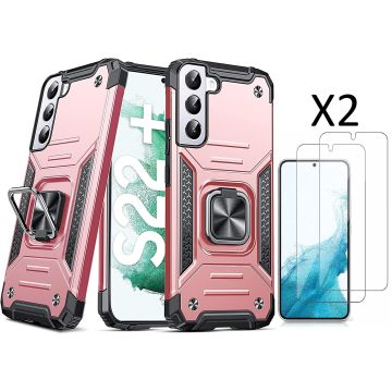 Samsung S22 Plus Hoesje Heavy Duty Armor Hoesje Rose Goud - Galaxy S22 Plus hoesje Kickstand Ring cover met Magnetisch Auto Mount - Samsung S22 Plus screenprotector 2 pack
