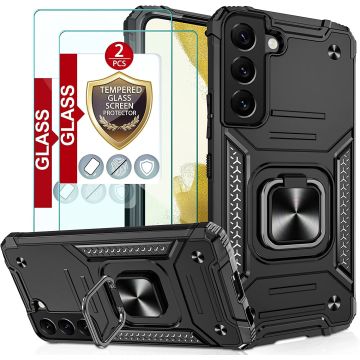 Samsung S22 Plus Hoesje Heavy Duty Armor Hoesje Zwart - Galaxy S22 Plus hoesje Kickstand Ring cover met Magnetisch Auto Mount - Samsung S22 Plus screenprotector 2 pack
