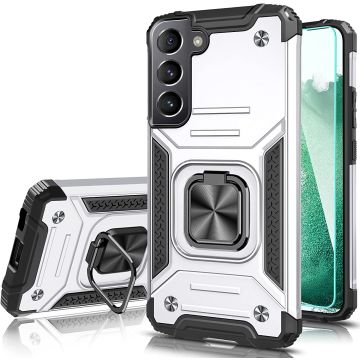 Samsung S22 Hoesje Heavy Duty Armor Hoesje Zliver - Galaxy S22 hoesje Kickstand Ring cover met Magnetisch Auto Mount - Samsung S22 screenprotector 2 pack