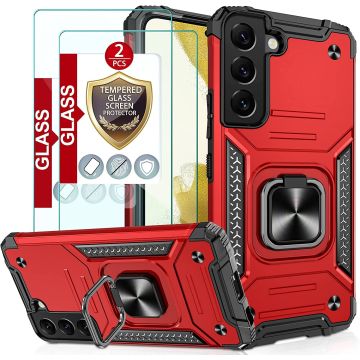 Samsung S22 Hoesje Heavy Duty Armor Hoesje Rood - Galaxy S22 hoesje Kickstand Ring cover met Magnetisch Auto Mount - Samsung S22 screenprotector 2 pack