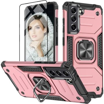 Samsung S22 Hoesje Heavy Duty Armor Hoesje Rose Goud - Galaxy S22 hoesje Kickstand Ring cover met Magnetisch Auto Mount - Samsung S22 screenprotector 2 pack