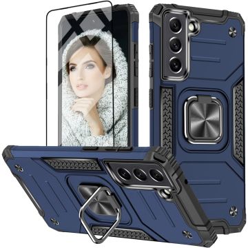 Samsung S22 Hoesje Heavy Duty Armor Hoesje Blauw - Galaxy S22 hoesje Kickstand Ring cover met Magnetisch Auto Mount - Samsung S22 screenprotector 2 pack