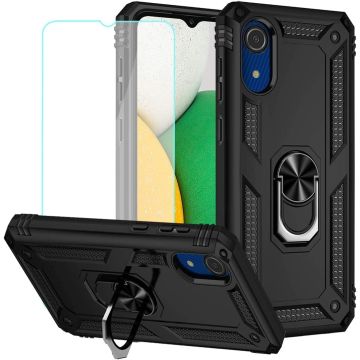 Samsung A03 core Hoesje kickstand Armor case Zwart - Galaxy A03 core Ring houder TPU backcover hoesje - met Galaxy A03 core screenprotector 1 pack