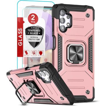 Samsung A32 5G Hoesje Heavy Duty Armor Hoesje Rose Goud - Galaxy A32 5G Case Kickstand Ring cover met Magnetisch Auto Mount- Samsung A32 screenprotector 2 pack