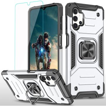 Samsung A32 5G Hoesje Heavy Duty Armor Hoesje Zliver - Galaxy A32 5G Case Kickstand Ring cover met Magnetisch Auto Mount- Samsung A32 screenprotector 2 pack