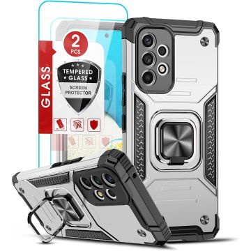 Samsung A53 Hoesje Heavy Duty Armor Hoesje Zliver - Galaxy A53 5G Case Kickstand Ring cover met Magnetisch Auto Mount- Samsung A53 screenprotector 2 pack