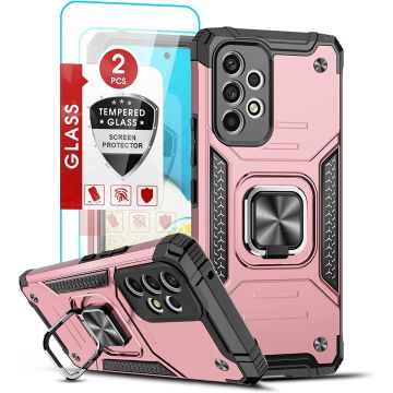 Samsung A53 Hoesje Heavy Duty Armor Hoesje Rose Goud - Galaxy A53 5G Case Kickstand Ring cover met Magnetisch Auto Mount- Samsung A53 screenprotector 2 pack