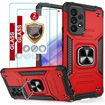 Samsung A53 Hoesje Heavy Duty Armor Hoesje Rood - Galaxy A53 5G Case Kickstand Ring cover met Magnetisch Auto Mount- Samsung A53 screenprotector 2 pack
