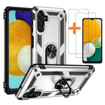 Samsung A04S Hoesje Anti-Shock Hybrid Armor hoesje Zliver - Samsung Galaxy A04s / A13 5G ring houder TPU backcover hoesje - screenprotector Galaxy A04S - 2 pack