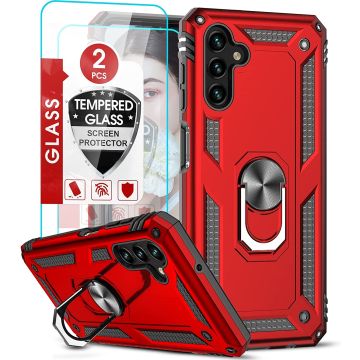 Samsung A04S Hoesje Anti-Shock Hybrid Armor hoesje Rood - Samsung Galaxy A04s / A13 5G ring houder TPU backcover hoesje - screenprotector Galaxy A04S - 2 pack