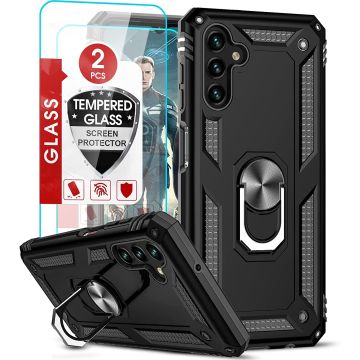 Samsung A04S Hoesje Anti-Shock Hybrid Armor hoesje Zwart - Samsung Galaxy A04s / A13 5G ring houder TPU backcover hoesje - screenprotector Galaxy A04S - 2 pack