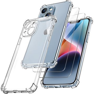 Hoesje Geschikt voor iPhone 14 Plus met Extra Camera Bescherming Doorzichtig Shockproof backcover incl 2x screenprotector tempered glass – Transparant
