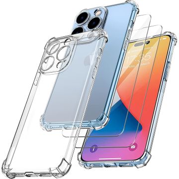 Hoesje Geschikt voor iPhone 14 Pro Max met Extra Camera Bescherming Doorzichtig Shockproof backcover incl 2x screenprotector tempered glass – Transparant