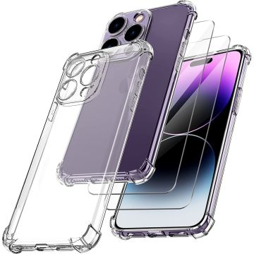 Hoesje Geschikt voor iPhone 14 Pro met Extra Camera Bescherming Doorzichtig Shockproof backcover incl 2x screenprotector tempered glass – Transparant
